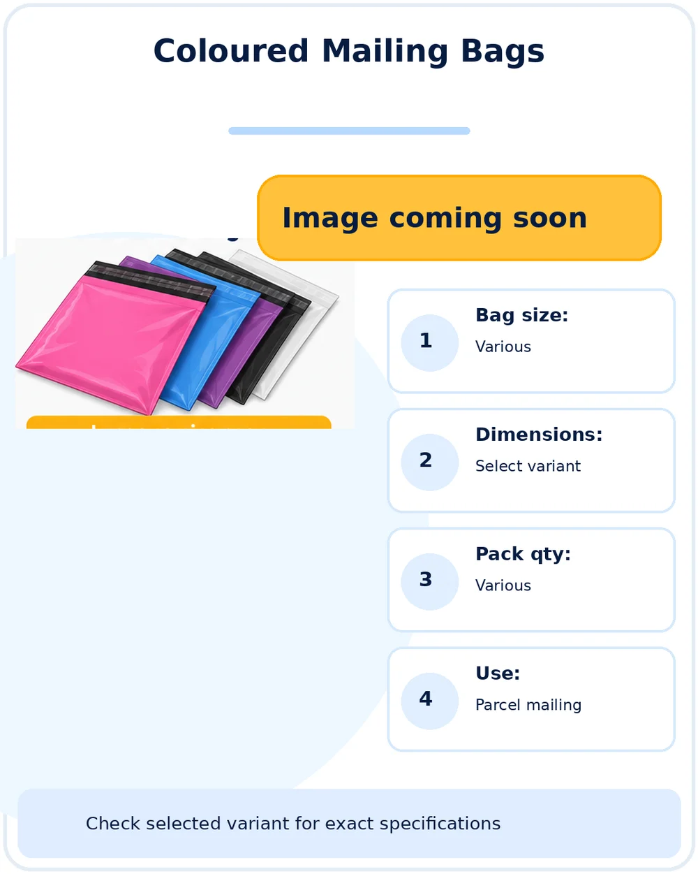 Illustration of Coloured Self-Seal Mailing Bags — Sizes & Colours